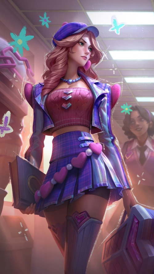 Caitlyn from League of Legends in a schoolgirl outfit