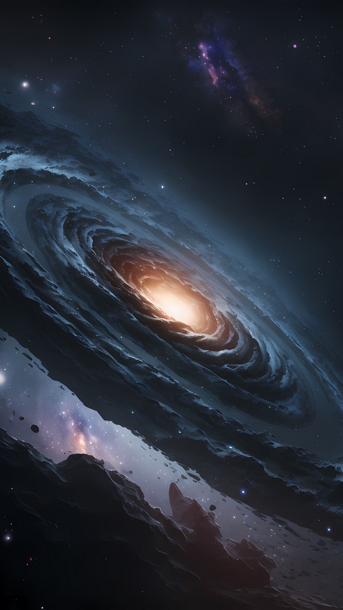 A swirling galaxy with a bright core and distant nebulae