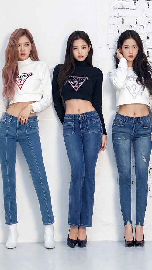 BLACKPINK members Jennie, Rosé, and Jisoo in Guess jeans