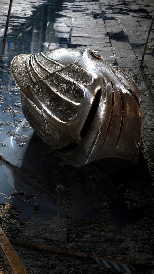 Demon's Souls Knight Helmet on a Wet Stone Floor