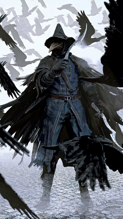 Eileen the Crow from Bloodborne surrounded by crows
