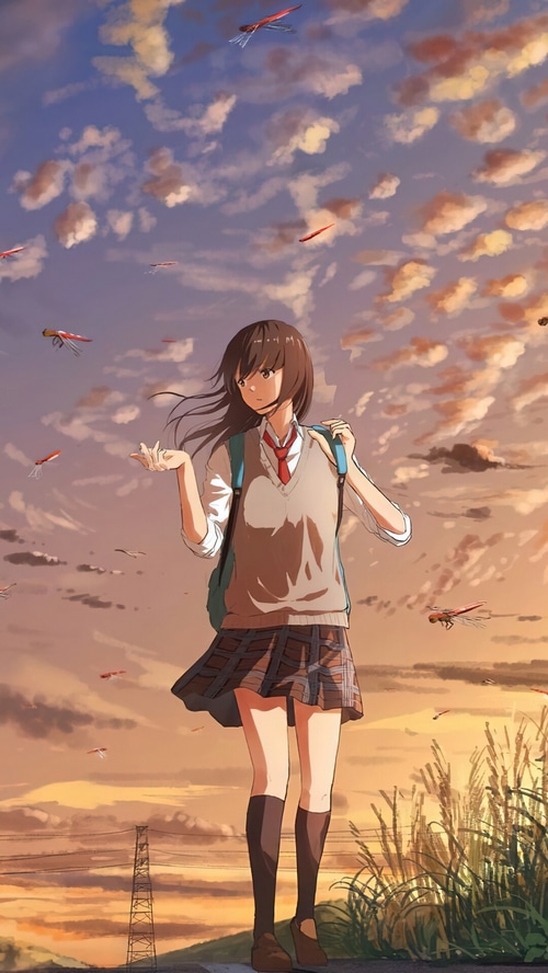 Anime girl in school uniform walking at sunset