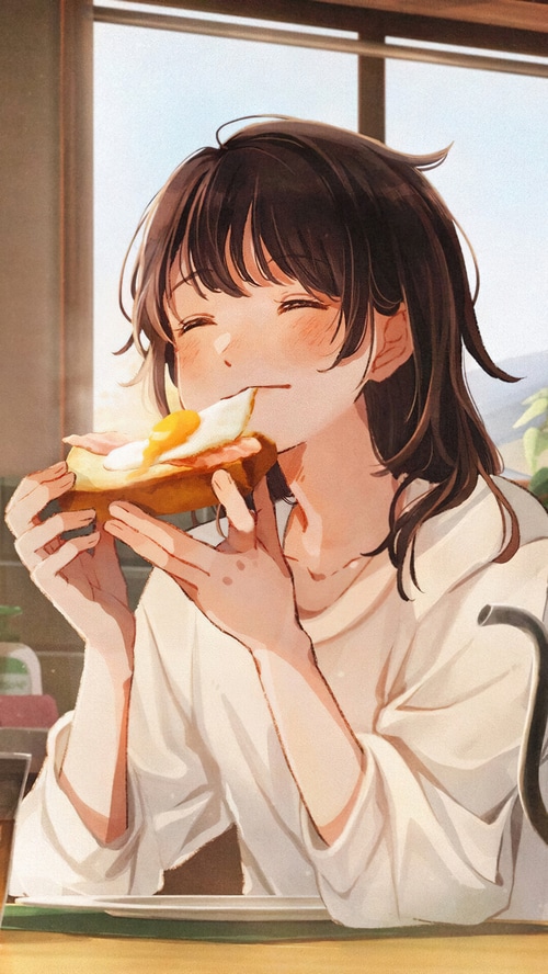 Anime girl eating breakfast toast with egg
