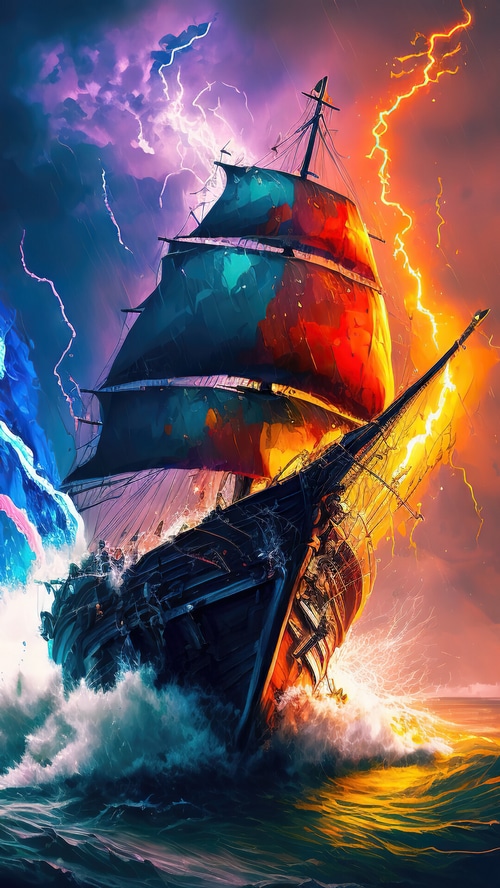A colorful ship sails through a stormy ocean with lightning