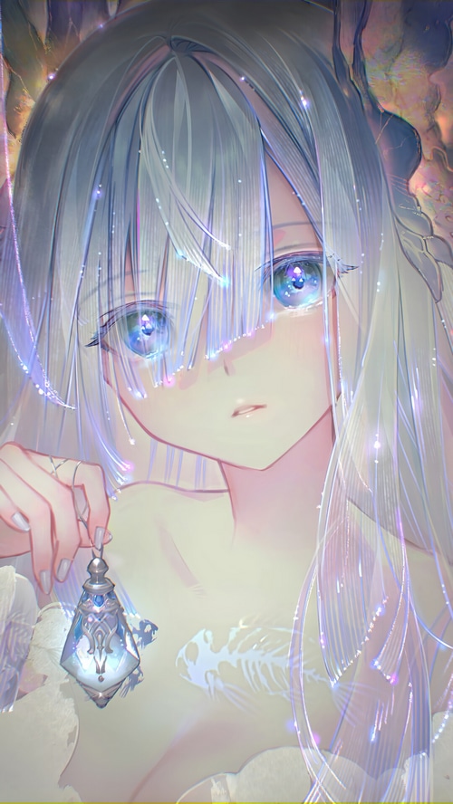 Anime Girl with Blue Eyes and White Hair Holding a Pendant