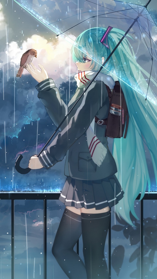 Hatsune Miku holding an umbrella in the rain with a bird