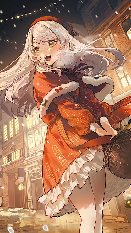 Anime girl in Christmas outfit in snowy town