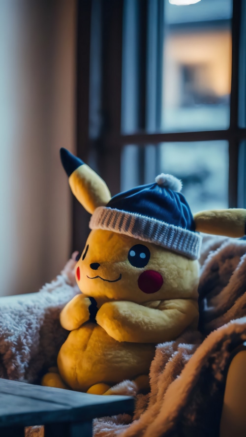 Pikachu wearing a winter hat and blanket
