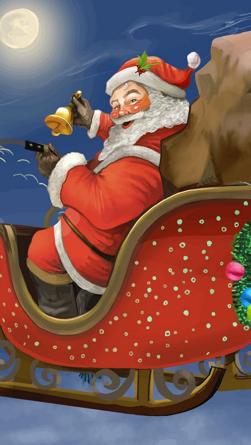Santa Claus ringing a bell in his sleigh
