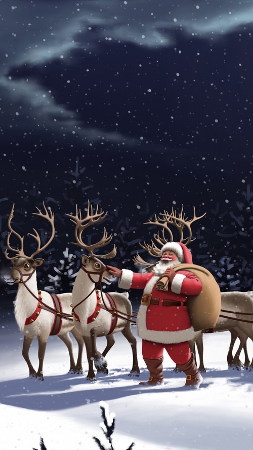 Santa Claus and Reindeer in a Snowy Night