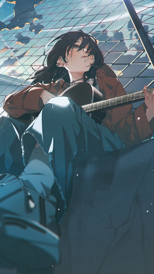 Anime girl playing guitar outdoors