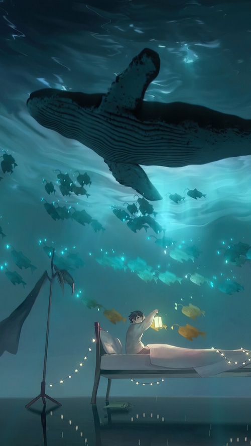 Anime boy with lantern under a whale and fish