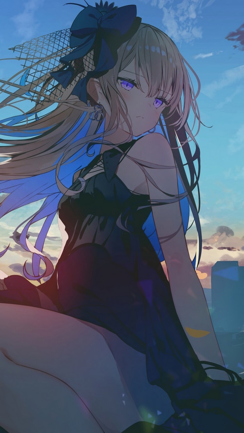 Anime Girl with Purple Eyes in Black Dress at Sunrise