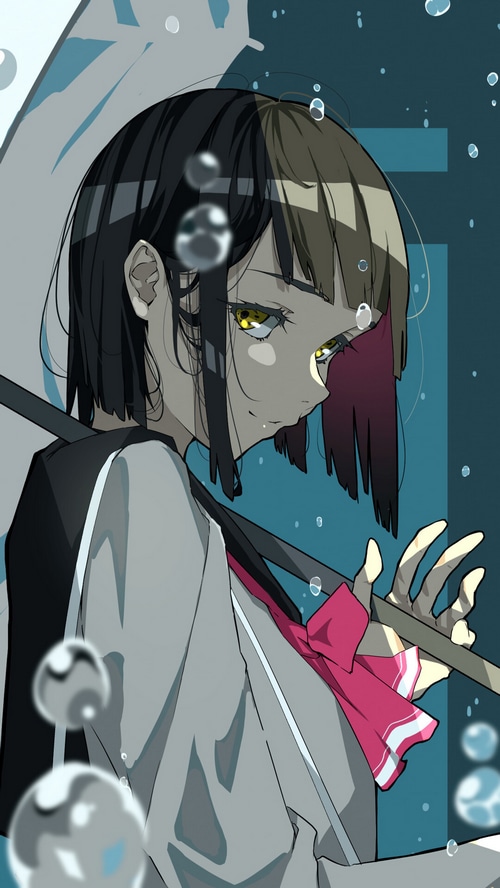 Anime girl with umbrella in the rain