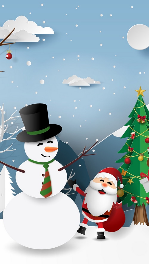 Santa Claus and Snowman with Christmas Tree