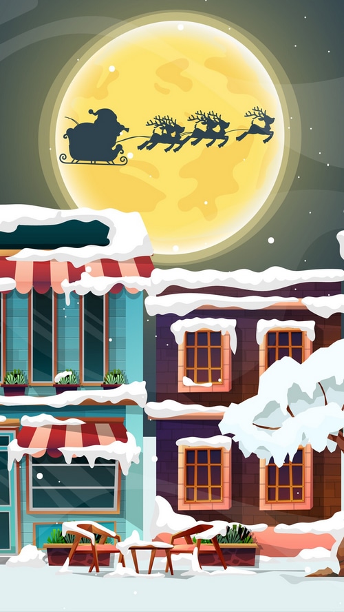 Santa Claus flying in his sleigh over a snowy town