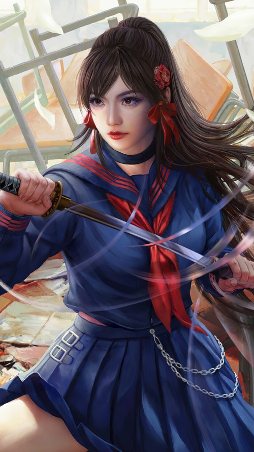 Anime School Girl with Katana