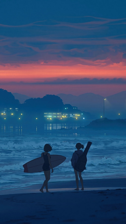 Anime Girls with Surfboard and Guitar on Beach at Sunset