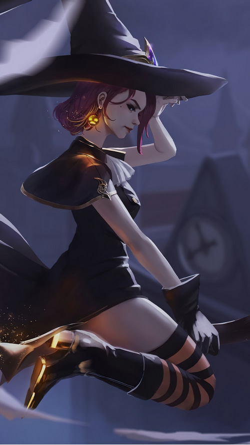 Anime Witch Riding a Broom