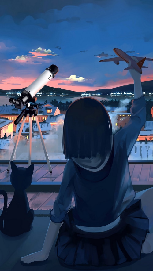 Anime girl with cat and telescope on balcony at dusk