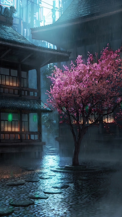 Anime Japanese Castle with Cherry Blossoms in the Rain
