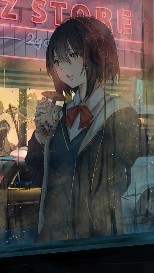 Anime girl with headphones drinks bubble tea outside a store