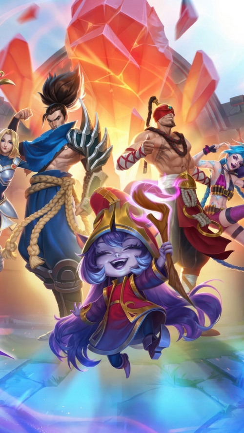 League of Legends characters Lulu, Yasuo, Lux, Lee Sin, and Jinx