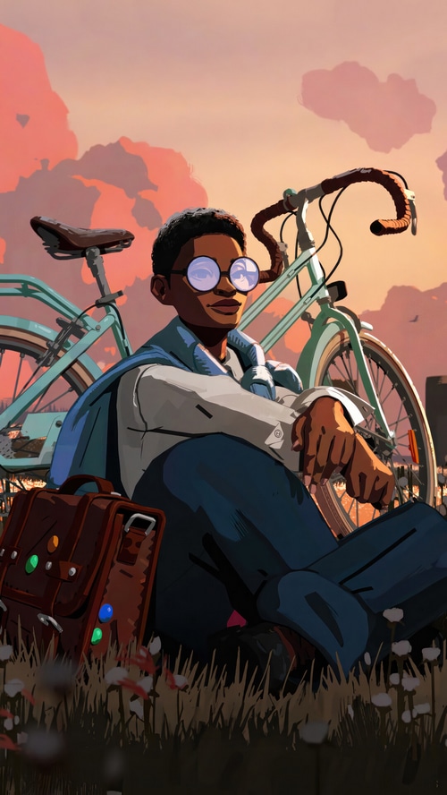 A young person with glasses and a bicycle