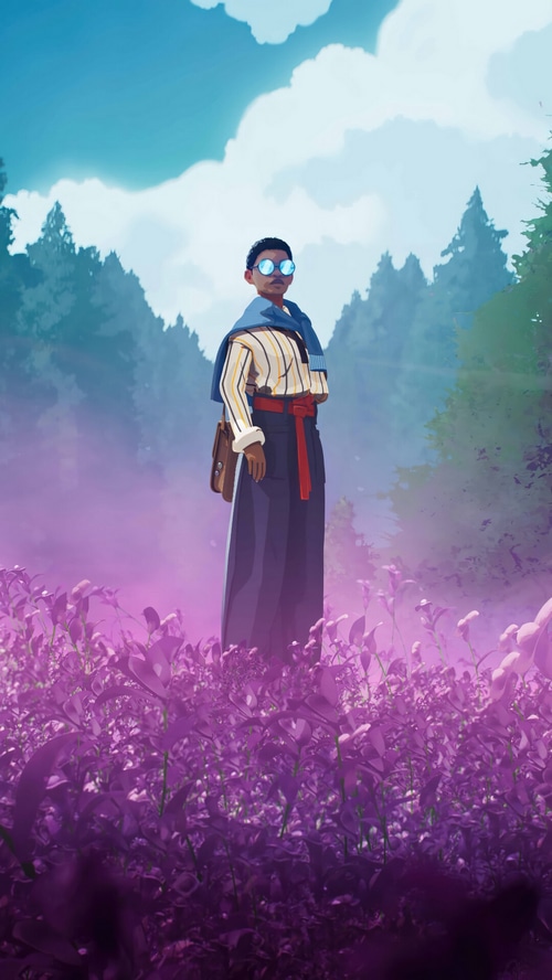 A person in a field of purple flowers