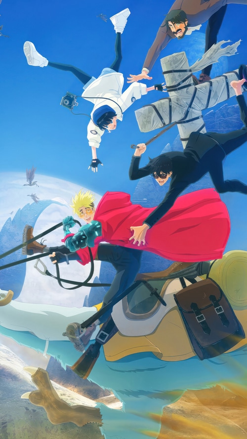 Trigun Stampede: Vash, Wolfwood, and Meryl in the Sky