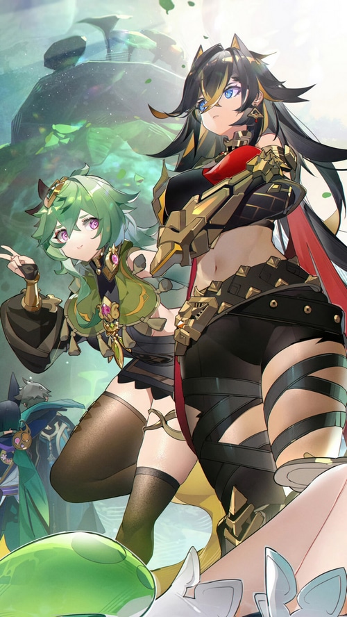 Genshin Impact characters Collei and Dehya in a forest