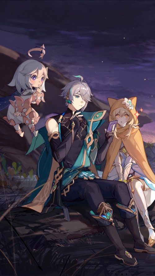 Genshin Impact: Alhaitham, Paimon, and Lumine at Dusk