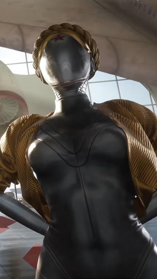 Atomic Heart robot with braided hair and golden jacket