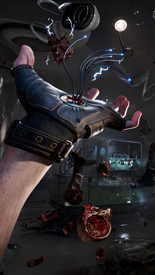 Atomic Heart: Character with cybernetic glove and severed body parts