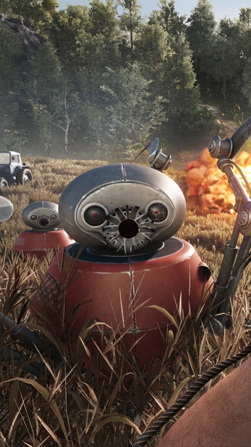 Atomic Heart robots in a field with explosion