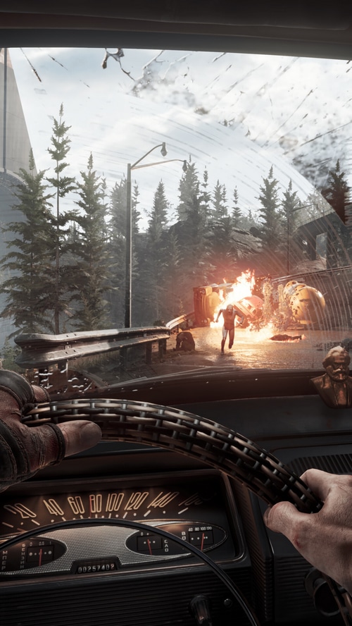Atomic Heart car interior with crash scene