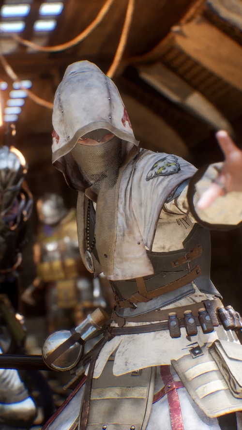 Warhaven character in white armor with chainmail mask