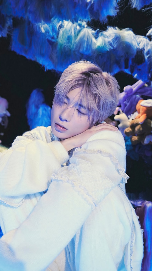 TXT Taehyun in White Outfit with Blue Background