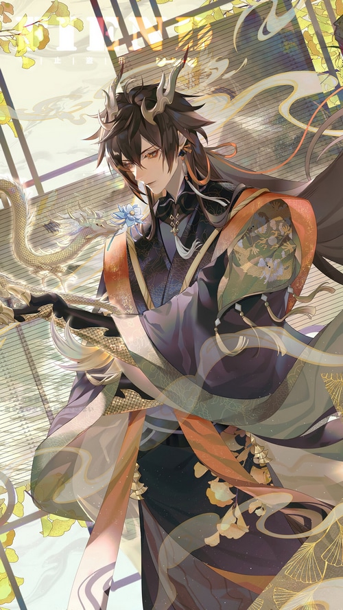 Zhongli from Genshin Impact with a dragon motif