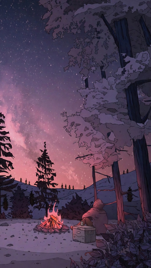 Person camping by a bonfire under a starry sky