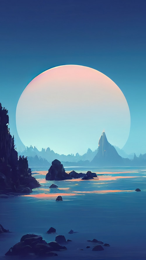 Digital Art of a Full Moon Over a Rocky Sea Landscape