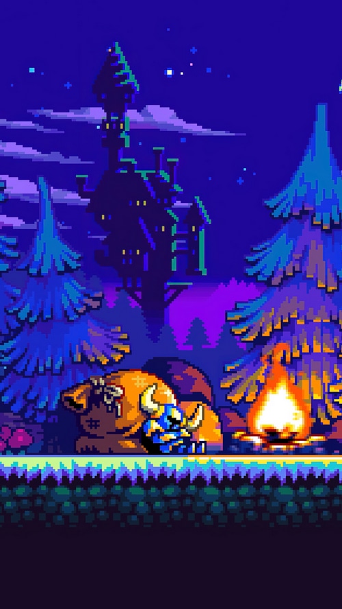 Shovel Knight resting by a campfire near a castle