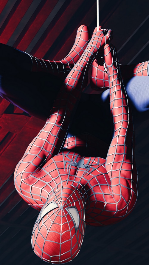 Spider-Man hanging upside down