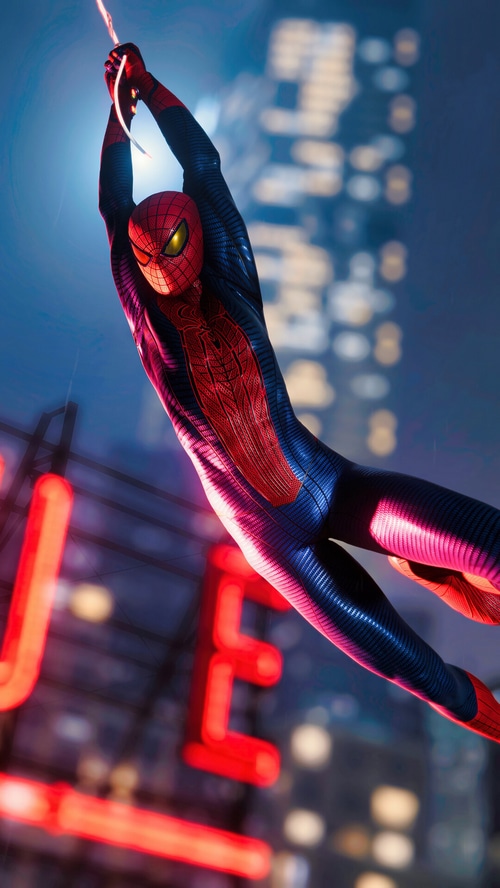 Spider-Man swinging through a city at night