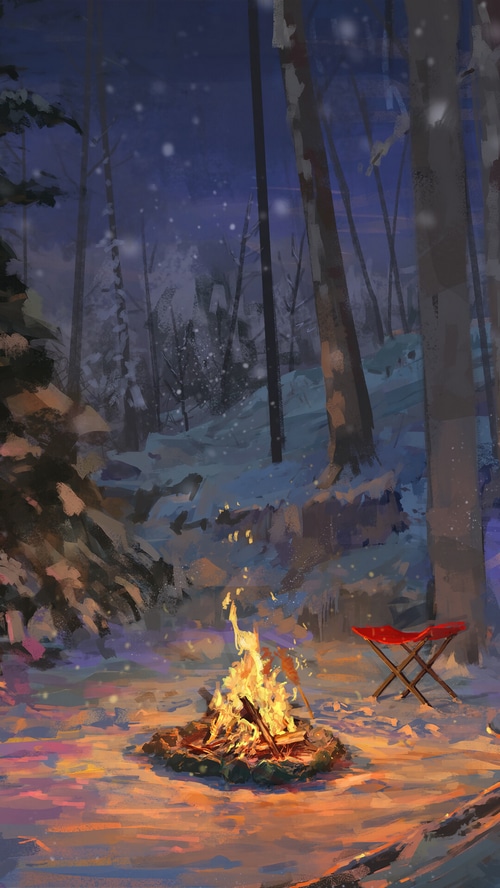Winter forest scene with a bonfire and a red camping chair
