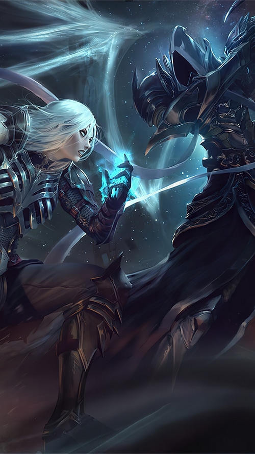 Malthael and a female warrior in a magical battle