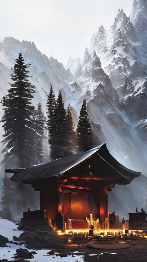 Shrine in a Snowy Mountain Landscape