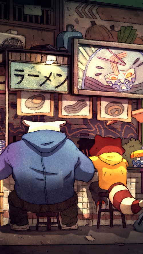 Anthropomorphic animals eating ramen at a food stall