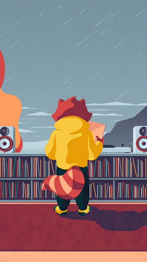 Lofi Raccoon Listening to Music on a Rainy Day