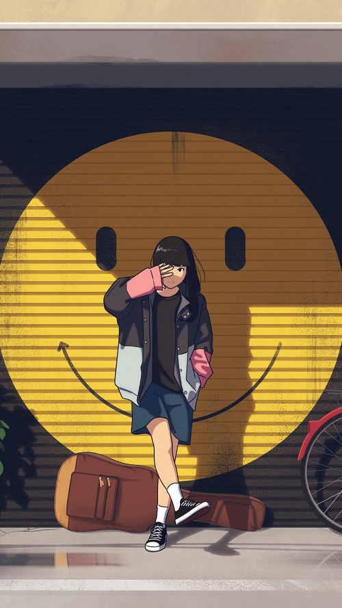 Anime girl with guitar in front of a smiley face